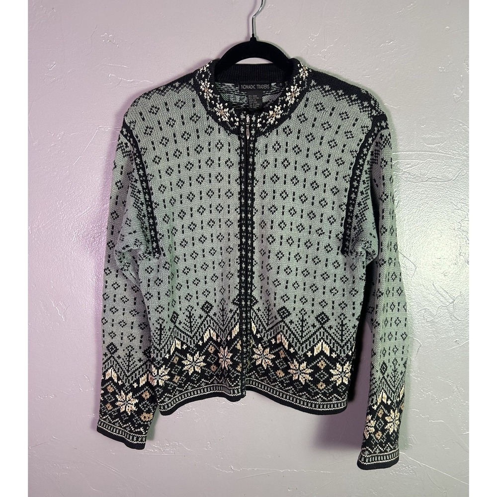 a Nomadic Traders full-zip knit cardigan Green & black Nortic Pattern S